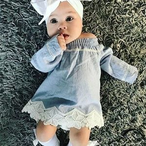 Infant Girl Off Shoulder Denim Dress Knee High Bow